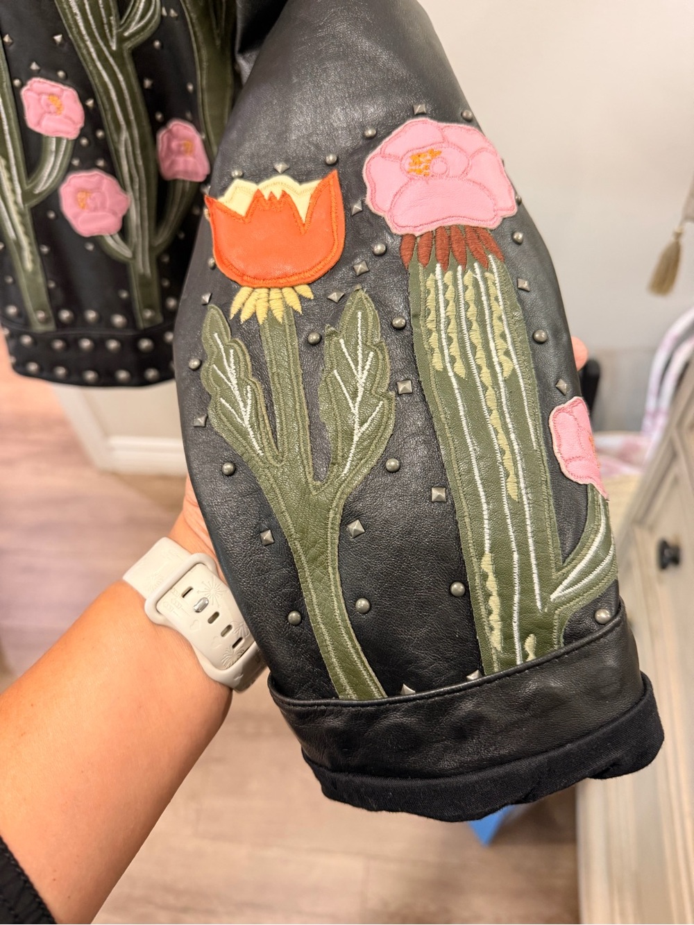 Idyllwind Black Leather Studded Moto Jacket with Pink & Yellow Floral Embroidery - Picture 3 of 5